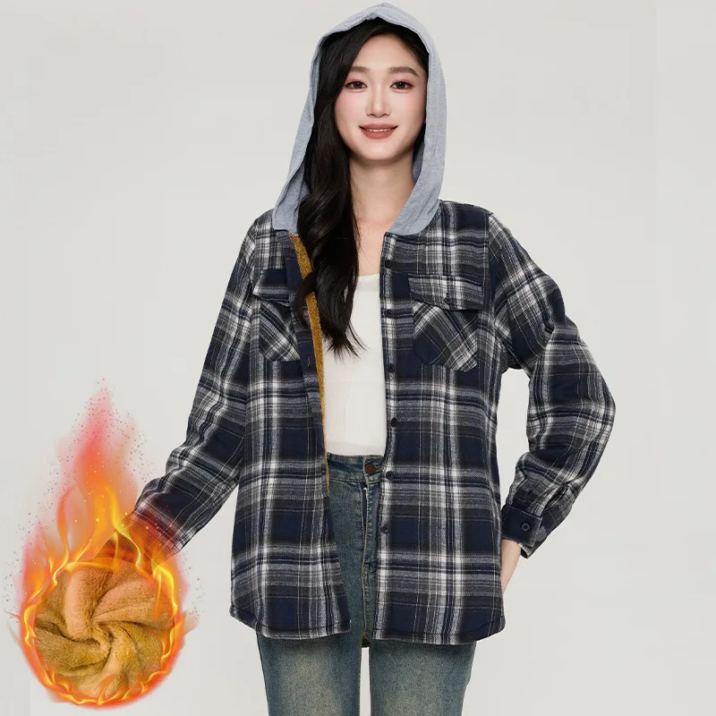New Autumn Winter Women's Fleece-lined Thickened Warm Hooded Plaid Shirt Casual Loose-fitting Versatile Jacket
