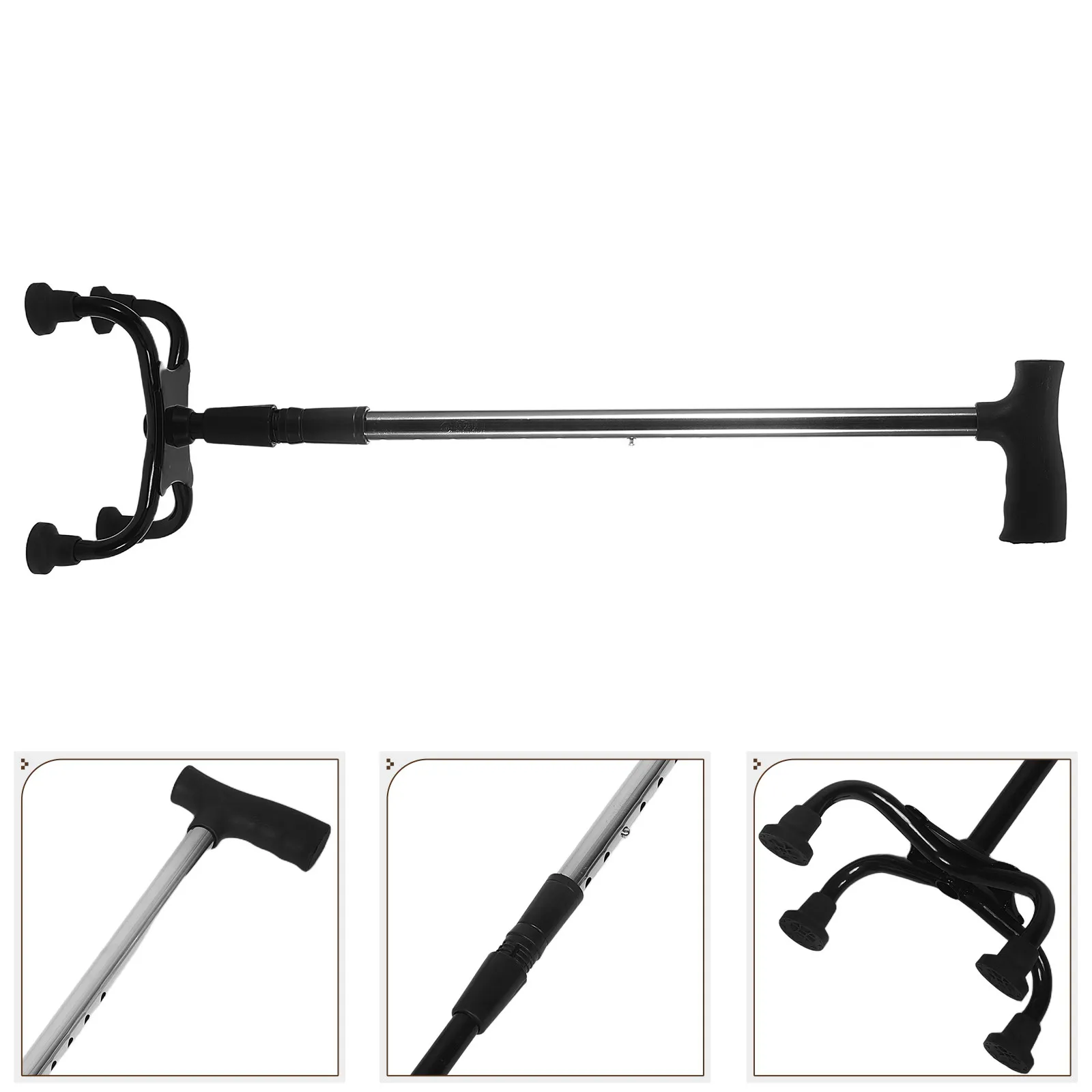 

Adjustable Stainless Steel Walking Stick with Anti-Slip Handle and 4-Pronged Base for Elderly Mobility Stability Trekking Hiking