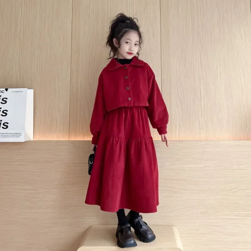 

New Children's Clothing for Girls and Older Children, Autumn and Winter Parent-child Clothing, Corduroy Solid Color Skirt Suit