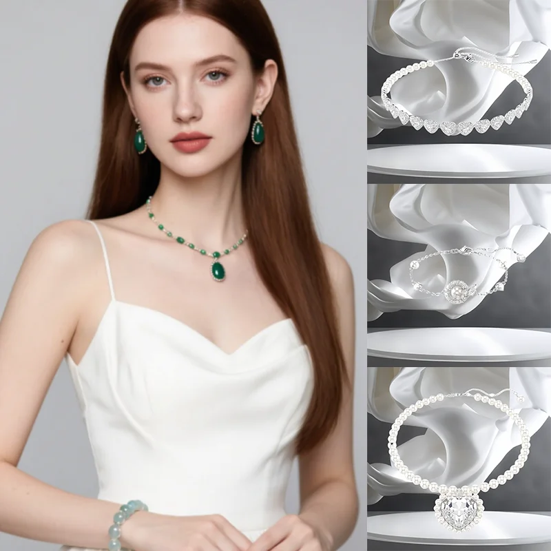 

The Most Popular High Quality Heart Shaped Crystal Necklace Set, with Classic and Elegant Women's Necklace,Earrings and Bracelet