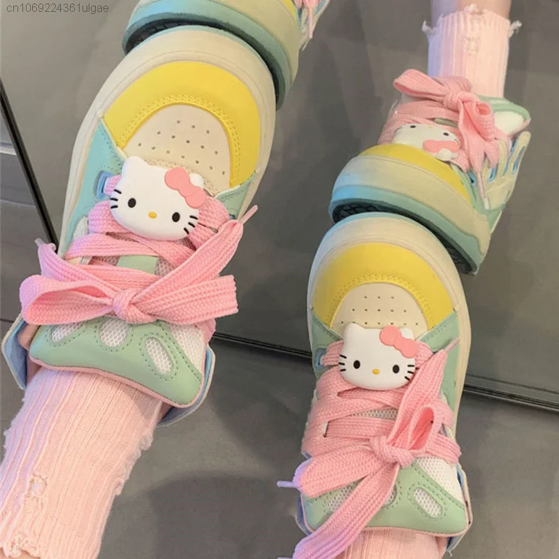 Sanrio Hello Kitty Color Blocking Shoes Y2k Korean Trend Round Toe Board Shoe Women Versatile Sneakers Student Aesthetic Shoes