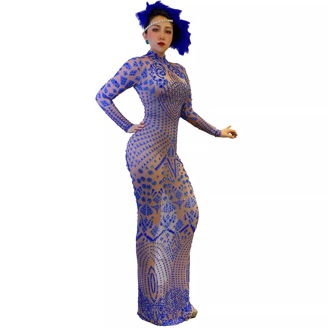 Elegant เซ็กซี่สีฟ้าเพชรที่สวยงาม Vintage สุภาพสตรีแฟชั่นสุภาพสตรี Gala ชุด Abiti Da Festa Designer ชุดราตรีสุดหรู