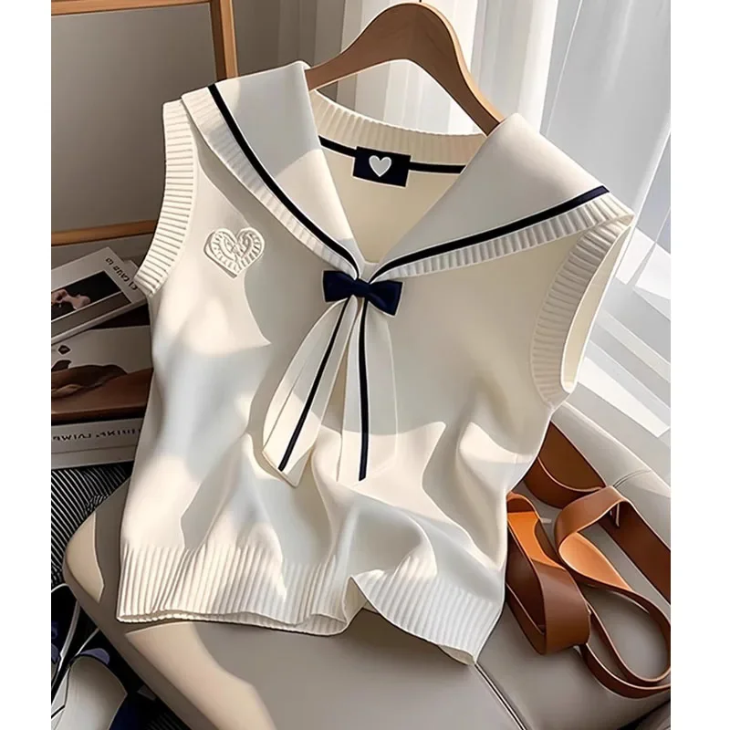 프랑스어 우아한 빈티지 통근 탑 여성 여름 패션 달콤한 선원 칼라 니트 캐미솔 여성 한국어 세련된 보우 풀오버