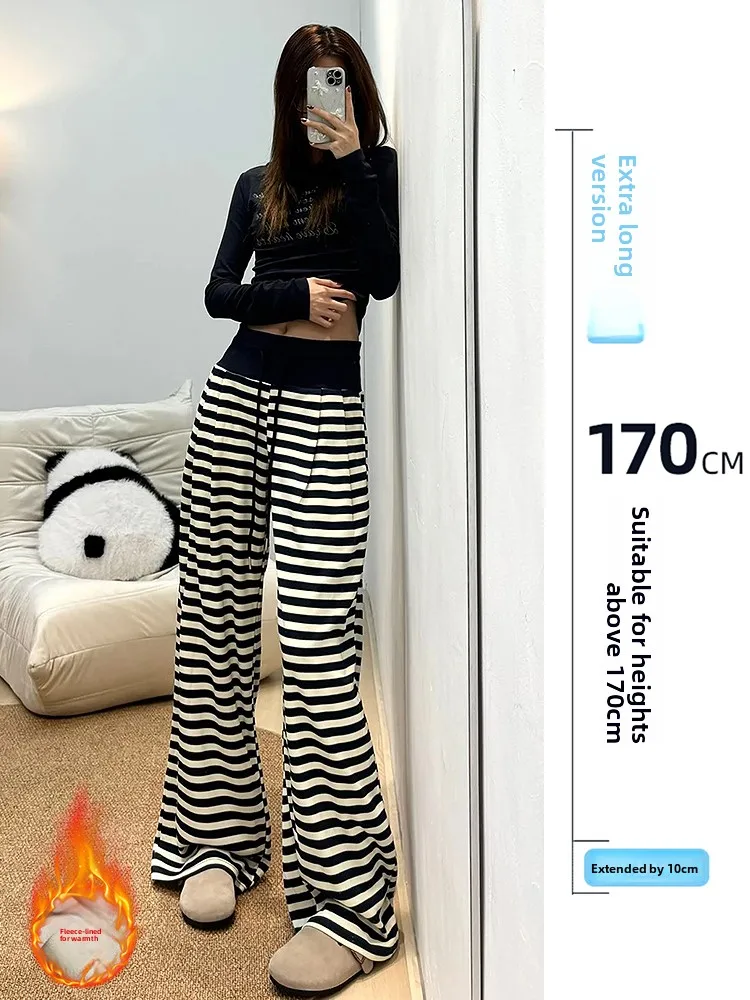 

Women's Fleece Lined Drawstring Casual Pants High Waist Striped Loose Fit Autumn Winter Fashion Comfortable All Matched Trousers