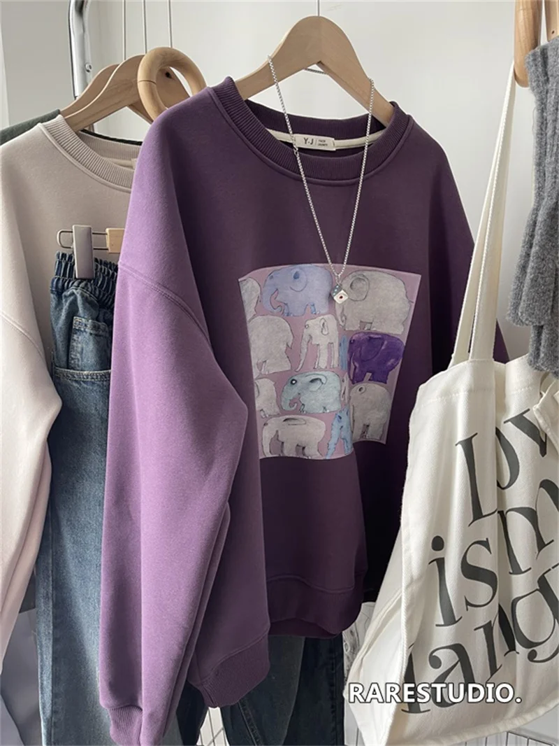 

Korean Style round Neck Fleece Lined Sweatshirt Women's Loose Fit Printed Elephant Design Comfortable Overhead Top