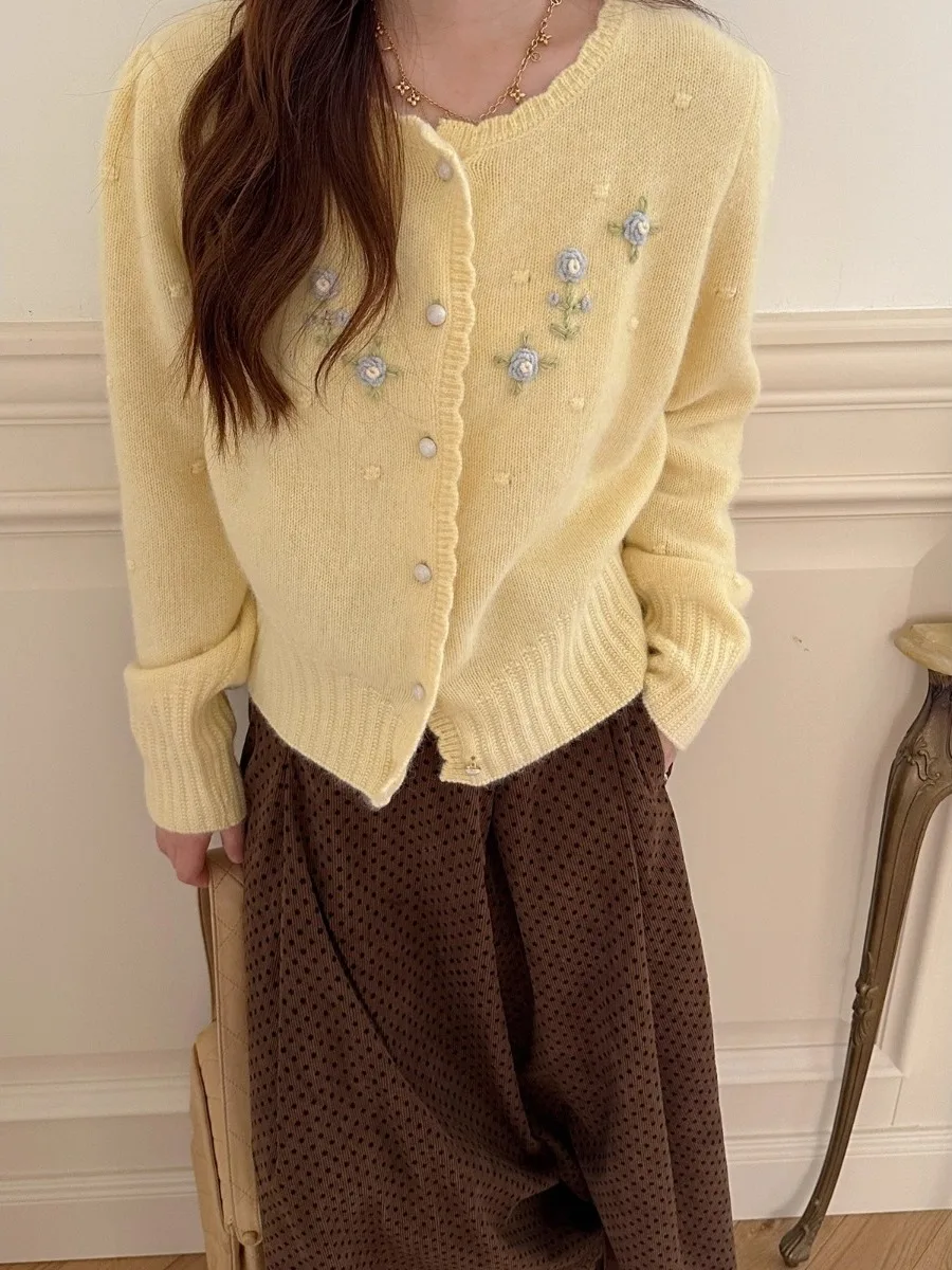 

Korean Sle Heavyweight 3D Flower Soft Cozy Women's Knitted Sweater Coat round Ne Raccoon Fur Autumn Winter New Sweet Sle