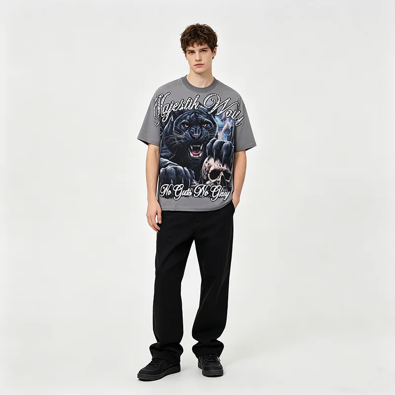 Panther-Schädel Tierdruck T-Shirt für Herren Vintage Gewaschenes Strass-Oberteil Übergroßes T-Shirt Streetwear Baumwolle Rundhals-Kleidung Sommer – Detail 5
