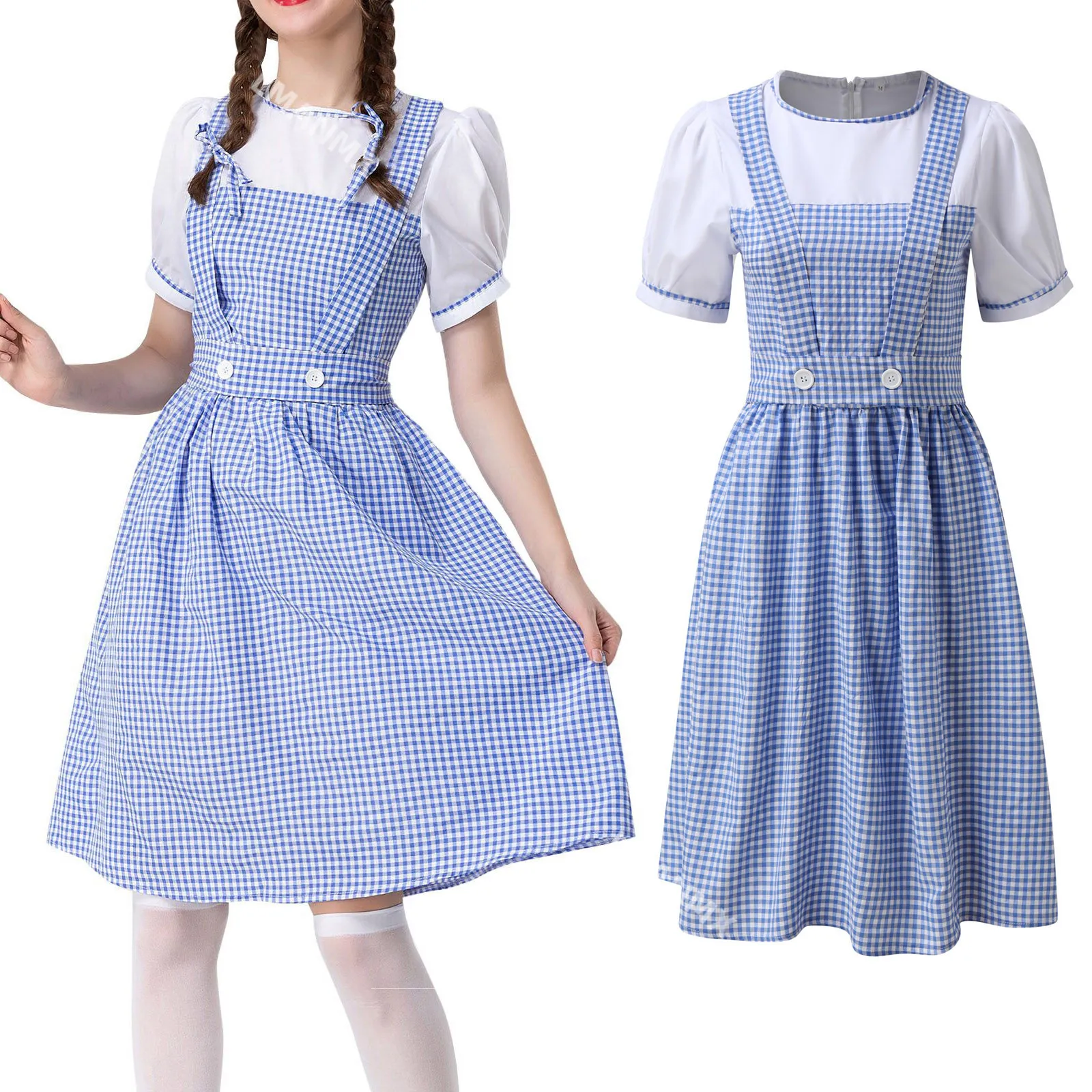 Women Plaid Print Short Sleeve Cosplay Medieval Dress Dress Causal Costumes Dress Preppy Style Blue And White Plaid Dresses