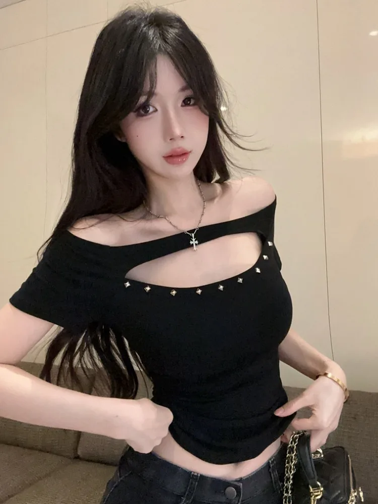 

American Style Black Pure Desire Sexy Short Sleeve T-Shirt Women's Summer Slimming High Waist Short Hollow out Shoulder Top