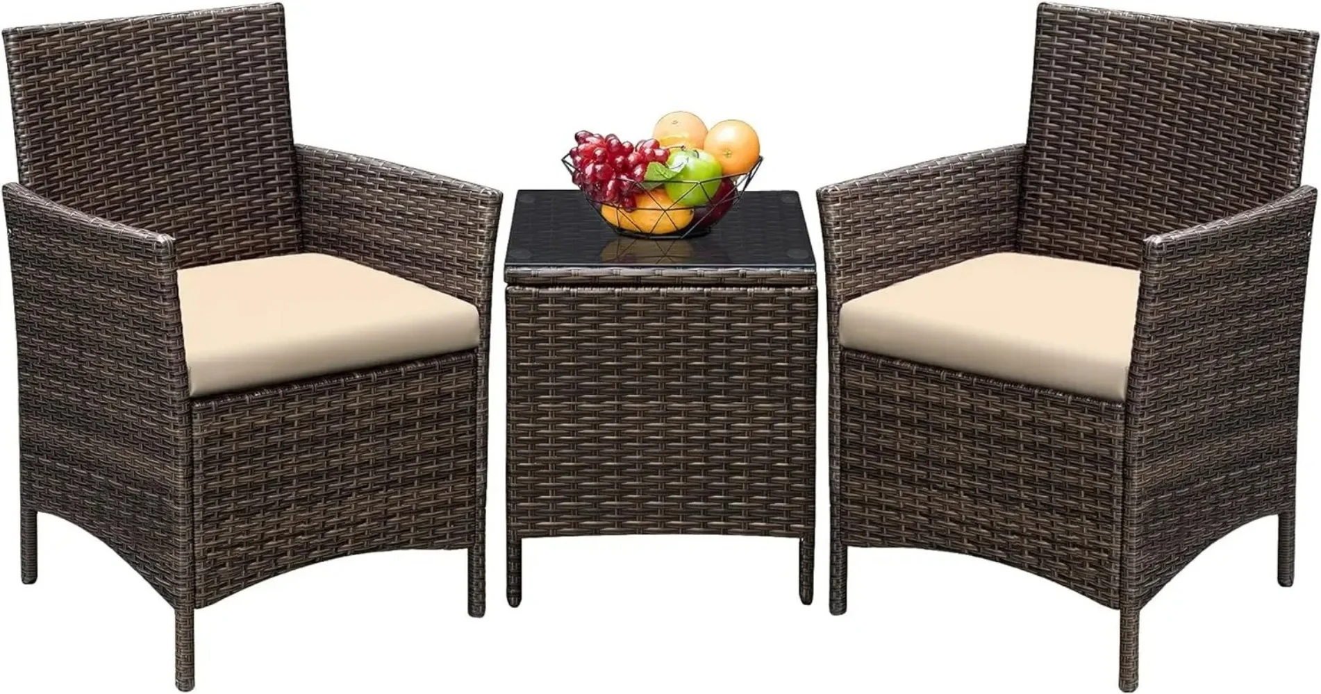 3 Pieces Patio Furniture Sets Outdoor PE Rattan Wicker Chairs with Soft Cushion and Glass Coffee Table for Garden