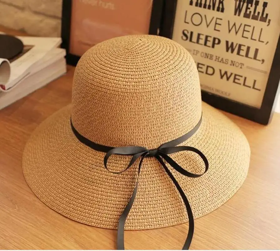 Wide Brim Bowknot Ribbon Straw Sun Hats for Women Girls Summer UV Protection Floppy Foldable Beach Hat Outdoor Travel Panama Cap