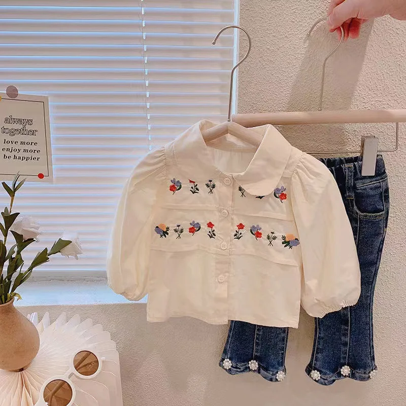 

LYY-Girls' Shirt2024New Spring Clothes Children's Western Style Embroidered Baby Girl's All-Matching Shirt Spring and Autumn Dol