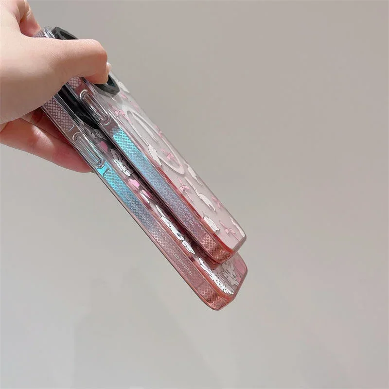 Bowknot Rabbit Pink Gradient Transparent Border iPhone 13 15 14 Pro Max Protective Case, Fits iPhone 15 Pro Max