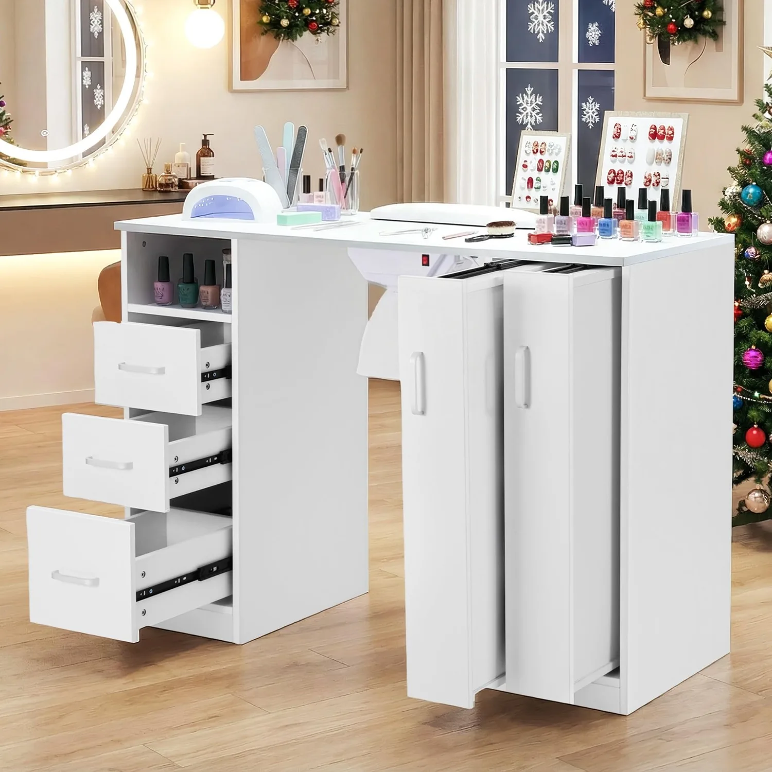 Manicure Table Salon Station, Nail Desk for Nail Tech with Dust Collector | Open Shelves, Divider Drawers, Wrist