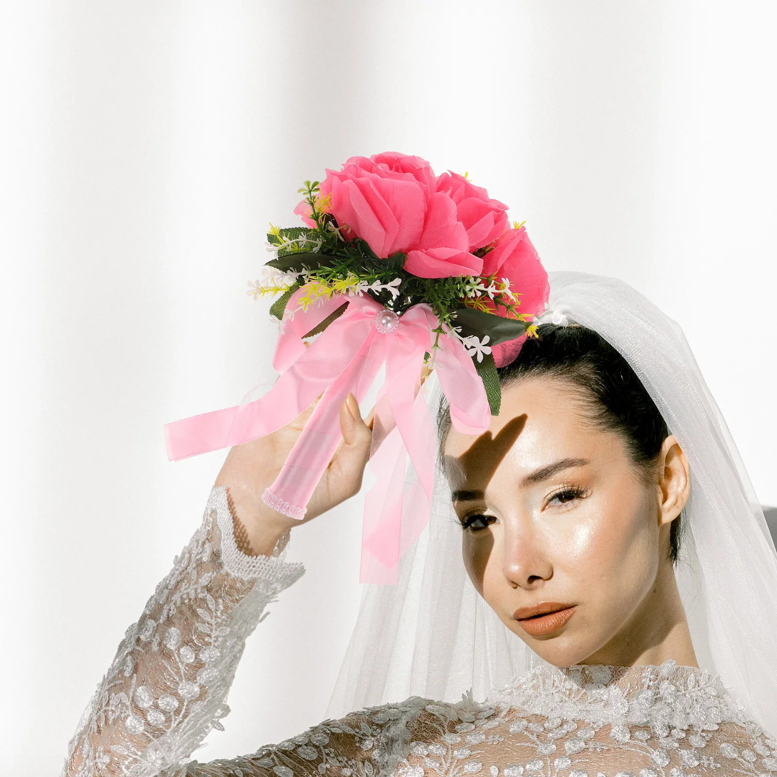 

Artificial Rose Bridal Bouquet Silk Flowers Satin Ribbon Wedding Party Lightweight Realistic Design Small H held Flower