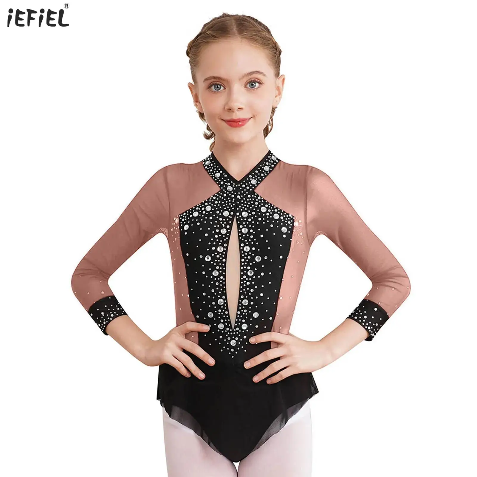 

Kids Girls Ballet Dance Gymnastics Leotard Shiny Rhinestones Sheer Mesh Patchwork Bodysuit Figure Skating Workout Dancewear