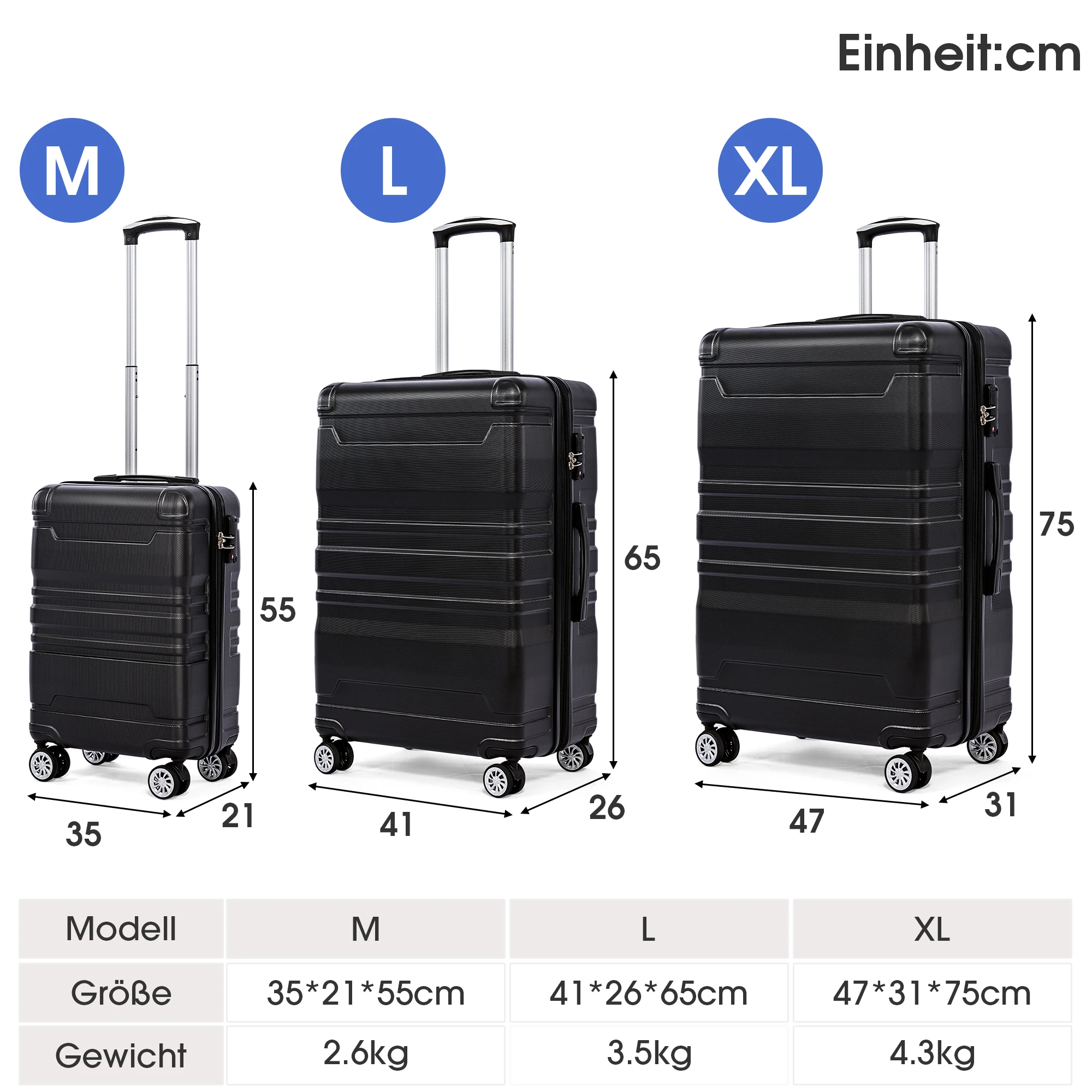 Hard-Shell hand luggage case with TSA lock and universal wheel expandable side handle 3-piece set