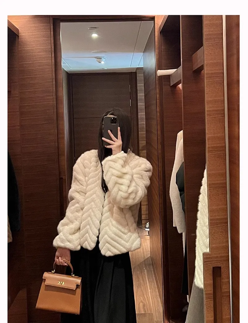 Elegant V Neck Herringbone Short Faux Mink Fur Jacket Women Long Sleeve Plush Jackets Woman Autumn Winter Fluffy Warm Outerwear