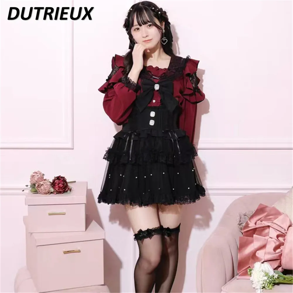 Japanese Mines Style Sweet and Cute Girls\' Versatile Tops Spring and Autumn New Bow Lace Long-sleeved Navy Collar Shirt