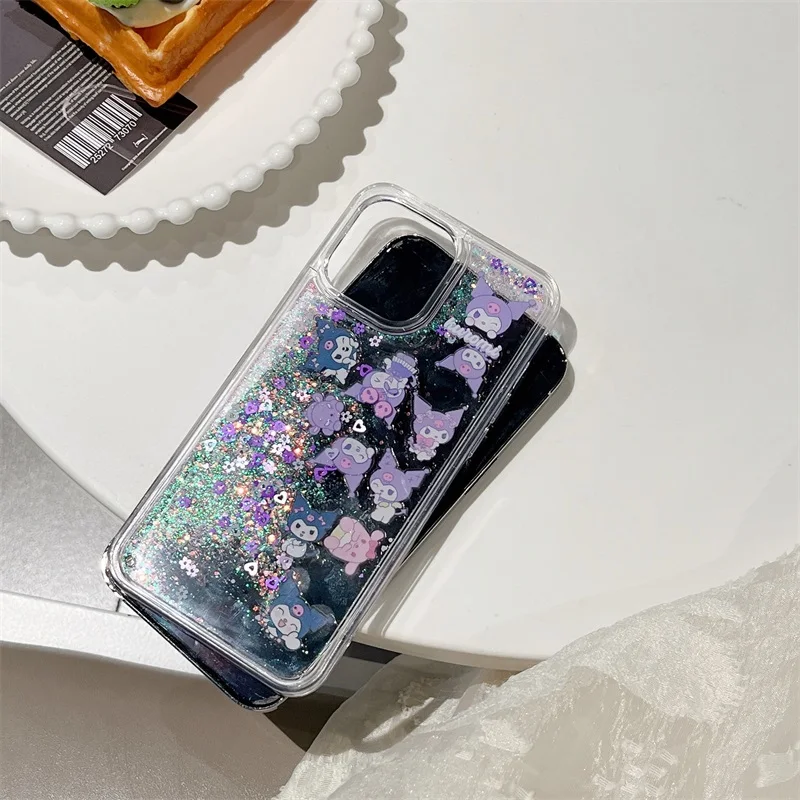

Japan Sanrio Cute Kuromi Liquid Quicksand Case For iPhone 16 15 14 13 12 11 Pro Max X XS XR 15Pro Anime Bling Glitter Cover