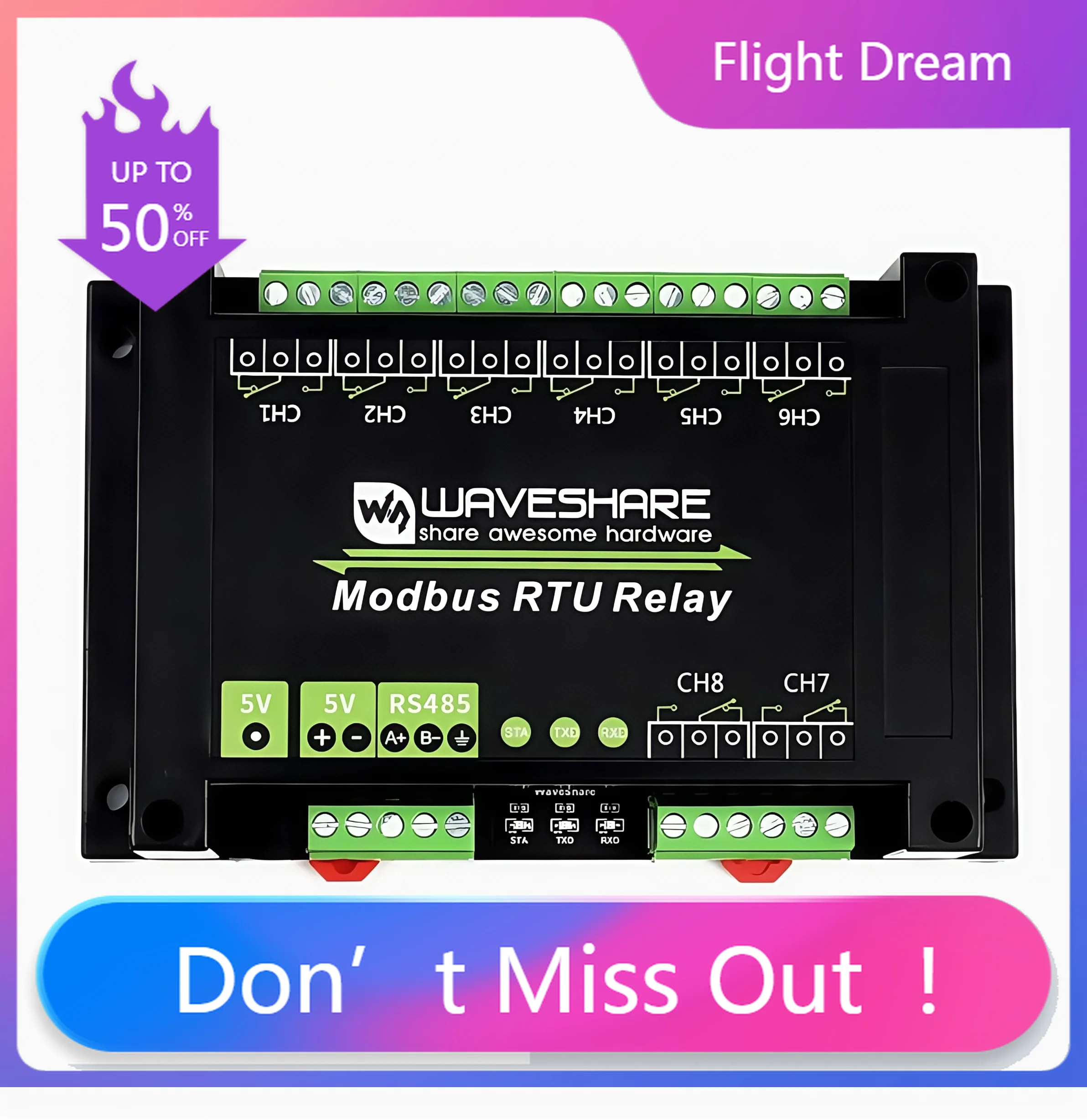 

NYWaveshare Industrial Modbus RTU Relay Module with 8/16/32-channel RS485 interface and isolation