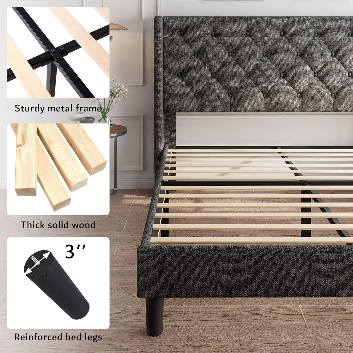 Large platform bed frame, solid wood cushioned bed frame flat, no springs, no noise, easy to assemble, dark gray