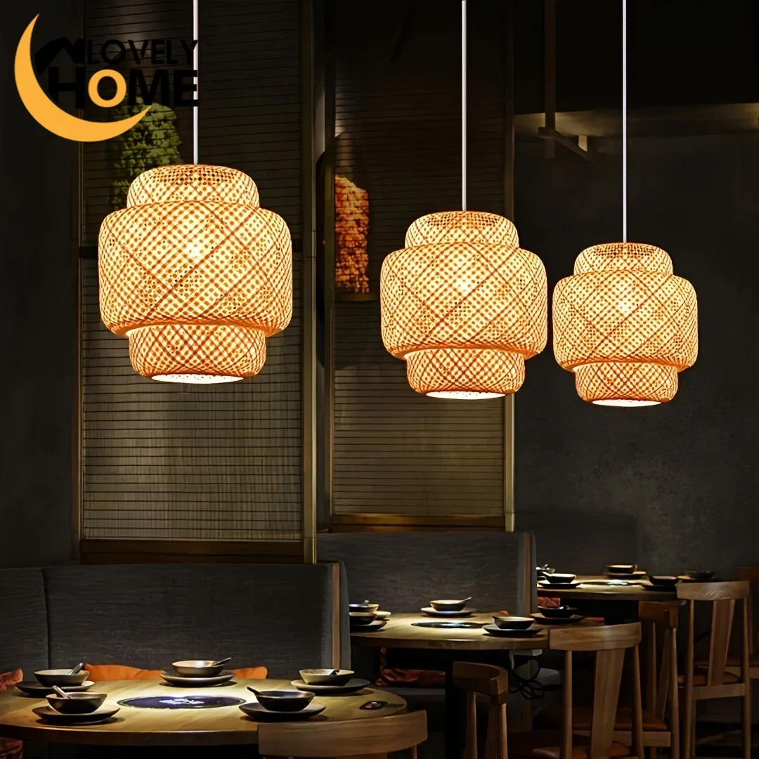 

30CM Handcrafted Bamboo Woven 3-Tier Pendant Lights E27 Semi Flush Mount Ceiling Lighting for Farmhouse Bedroom Kitchen Balcony