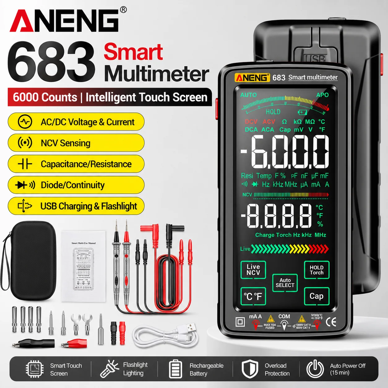 

ANENG 683 Touchscreen Color Display USB Charging NCV Temperature Digital Multimeter 6000 Count VA Frequency Duty Cycle Tester
