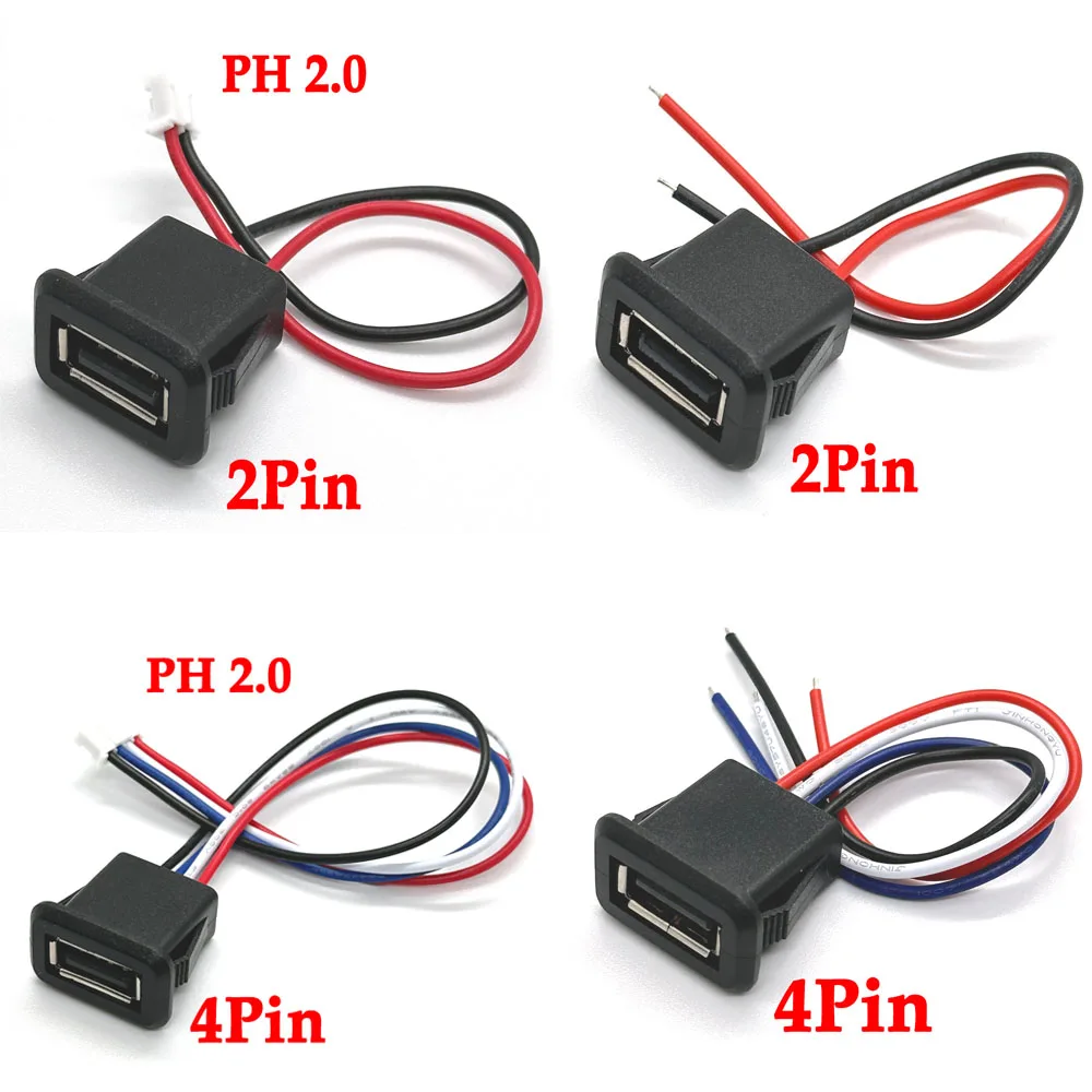 

USB 2.0 Female Power Jack 2Pin 4Pin Charging Port Connector with PH2.0 Cable Electric Terminals 2/4 Wire USB Charger Socket