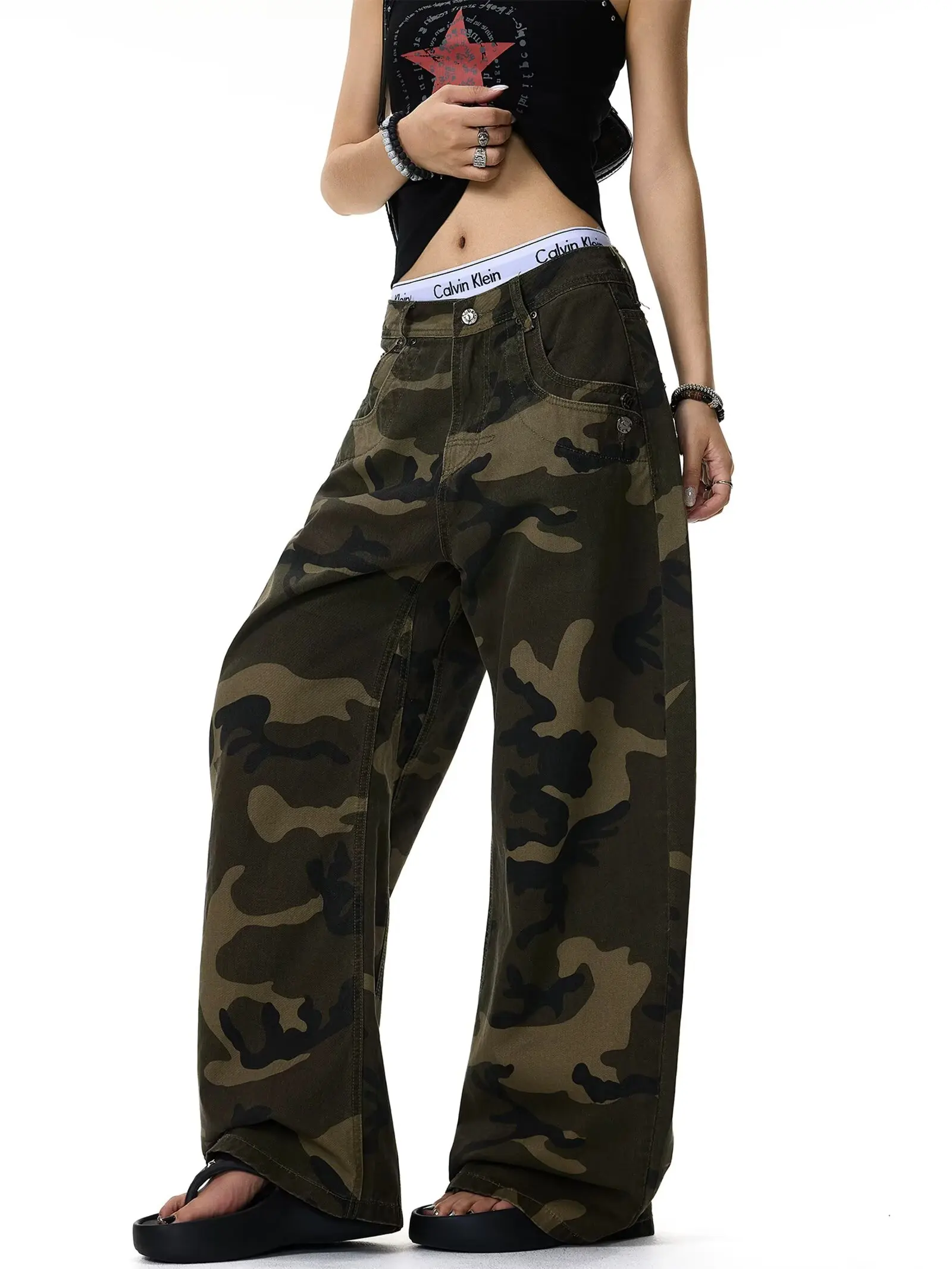 Camouflage Cargo Pants Paris Buckle Design Wide Leg Loose Baggy Vintage Streetwear Casual Long Trousers Camo Straight Trousers