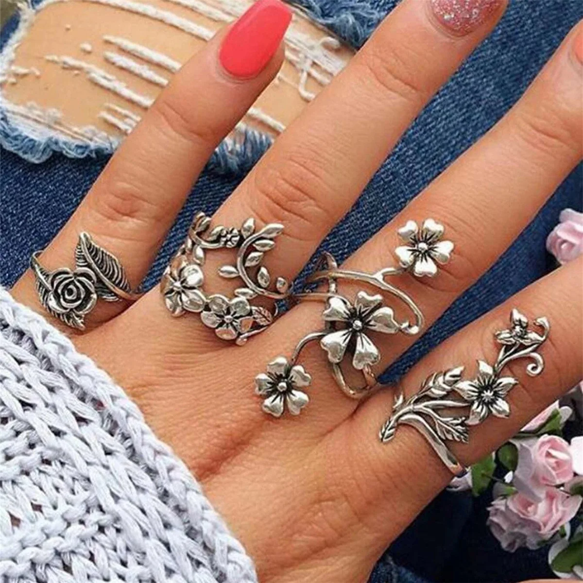European and American hit fashion; individualistic retro antique silver hollow carving ring 4-piece set ring set
