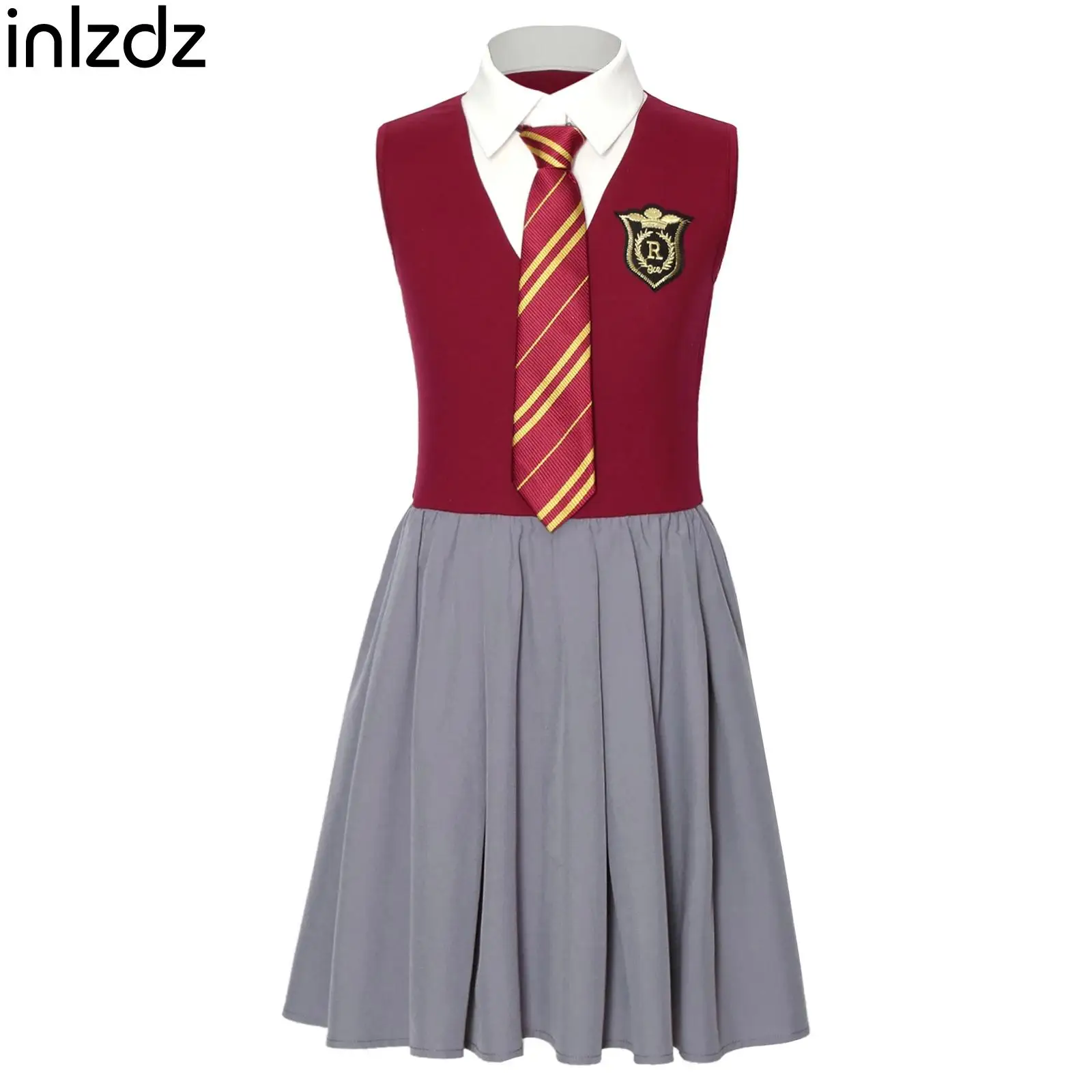 Kinder Mädchen Magischer Film Schulkostüm Formelle Uniform Ärmelloses Kleid mit Revers, Knöpfen und Rüschen sowie Krawatte Halloween Akademie Party Kostüm
