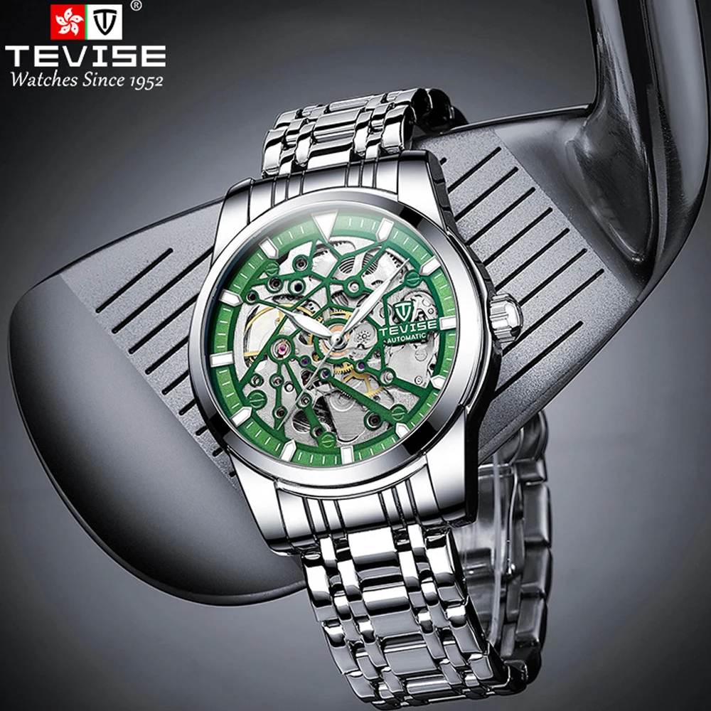 

Tourbillon Skeleton Automatic Watch for Men Waterproof Luminous Green Dial Mechanical Mens Watches Full Steel Relogio Masculino