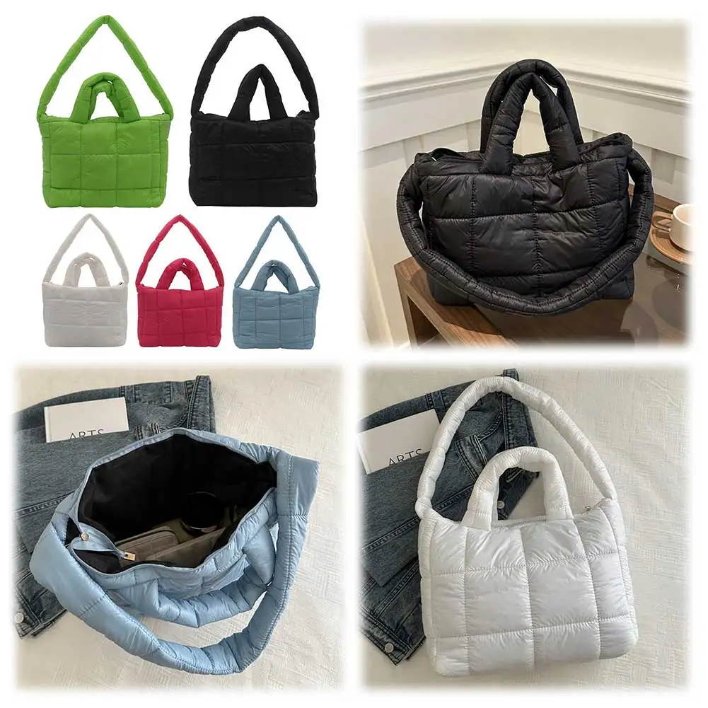 

Women Quilted Plaid Handbag Large Capacity Quilted Top Handle Bag Solid Color Puffy Shoulder Bag Female Travel Bag