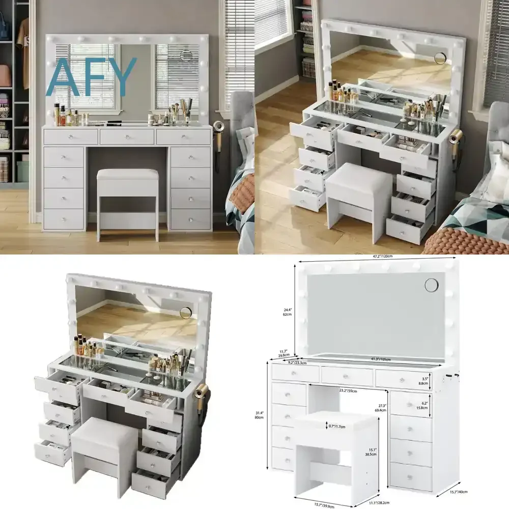 Modern Luxury Vanity Table White Minimalist Makeup Vanity Desk for Home Apartment Bedroom Storage for iPhone iPad Samsung