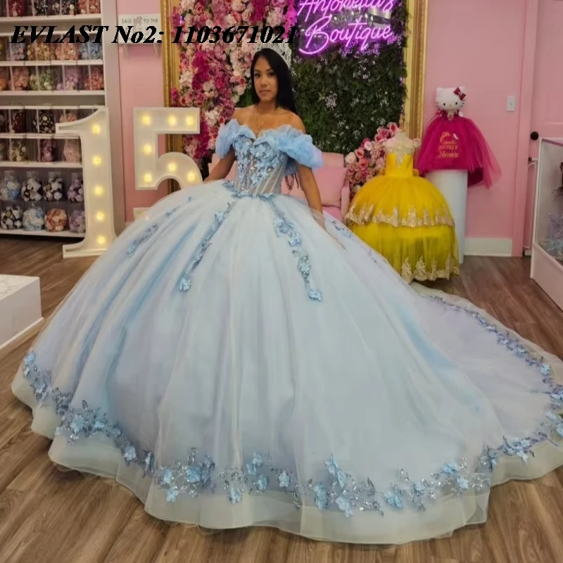 

EVLAST индивидуальное платье принцессы небесно-голубого цвета Quinceanera, бальное платье с цветочной аппликацией и бусинами, многоуровневое милое платье 16, Vestidos De 15 Anos E2Q19
