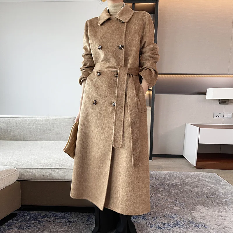 

[High Quality] 100% Cashmere Coat Female Water Ripple Camel Long Cashmere Coat Women New Relaxed Fashion Casual Soft Comfortable