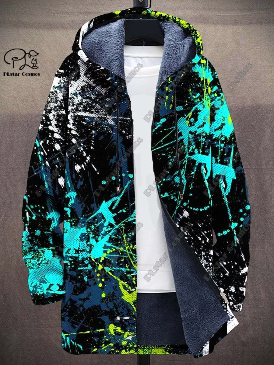 

3D printing retro series colorful art print composite gray velvet hooded zipper jacket winter velvet unisex warm jacket X-1