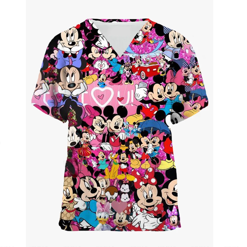 Mickey T Shirts Disney Tops Hospital Top Women 2024 V Neck T-shirts Minnie Mouse T-shirt Nurse Uniform Woman Clothes Pocket Tees