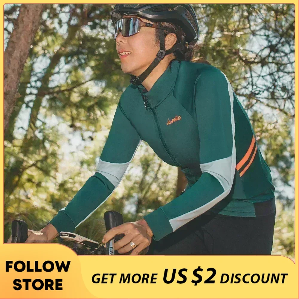 Santic Windproof Cycling Jersey Women\'s Outdoor MTB Road Riding Clothing w/ Separate Large Pockets Spring Autumn Bicycle Jackets