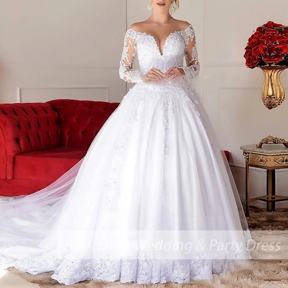 Vestido de fiesta de princesa para novia, vestido de novia de manga larga con hombros descubiertos, talla grande, de encaje, con cuentas