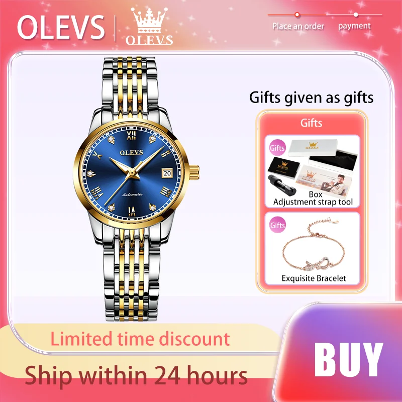 OLEVS Luxury Women\'s Watches Calendar Stainless Steel Strap Fully Automatic Mechanical Watch Original Fashion Lady Wristwatch