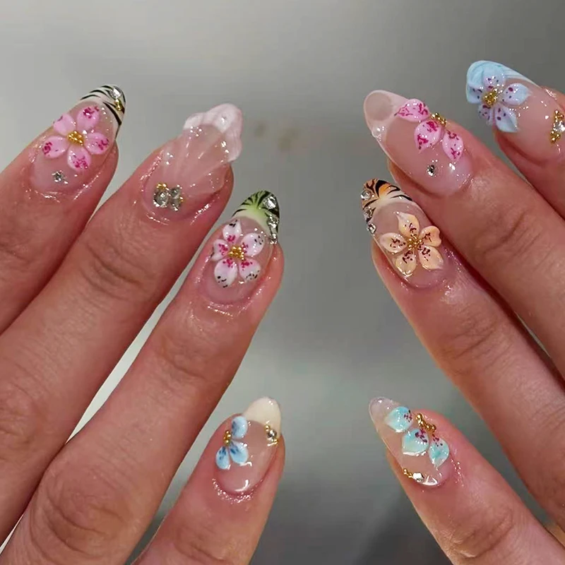 24pcs Almond Press On Nails tiger stripe pattern Design Flowers Style French Cute rhinestone Fake Nail Removable Wearable Set