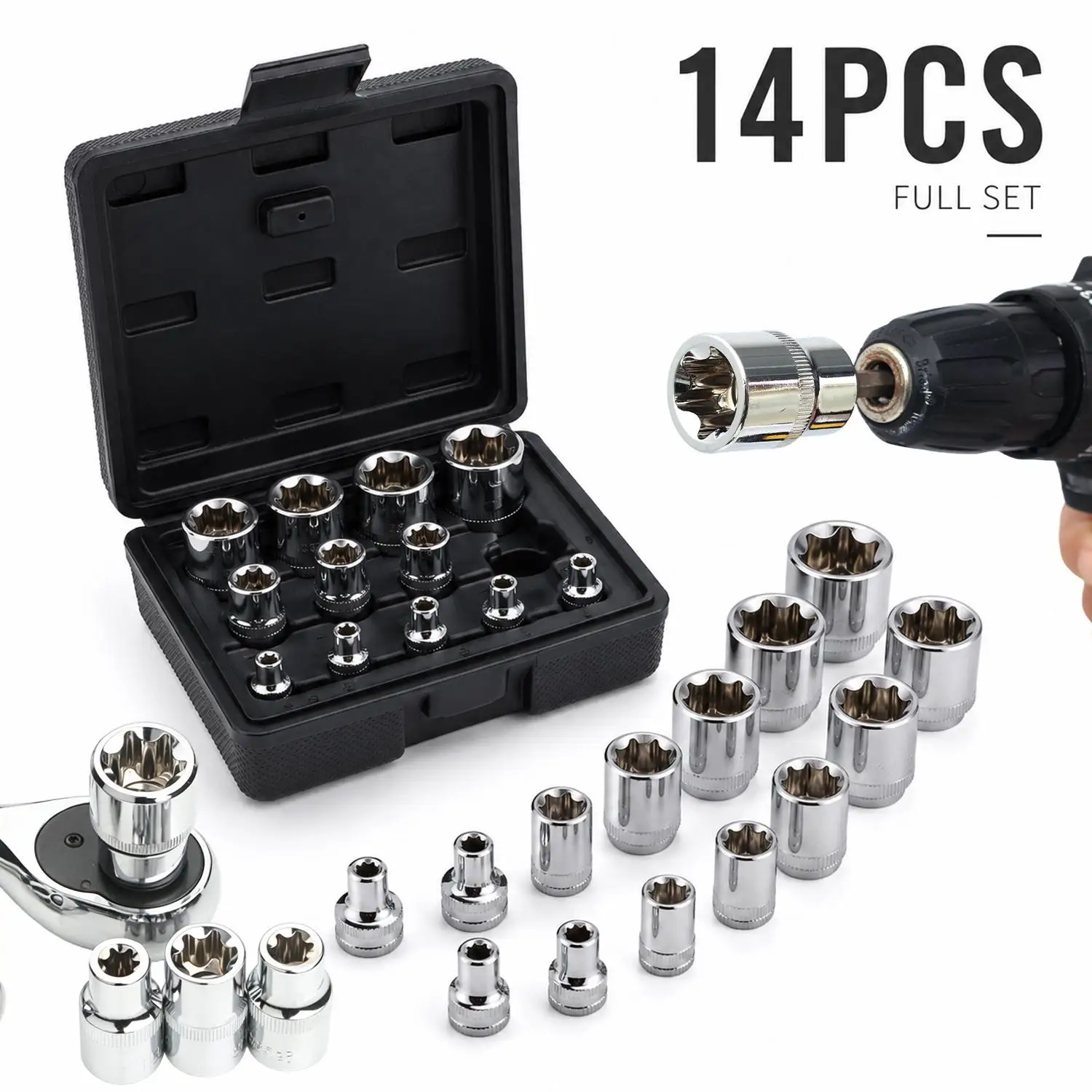 Set da 14 pezzi di inserti per dadi a esagono esterno E-Torx, realizzati in acciaio al carbonio per impieghi gravosi, compatibili con chiavi a stella e adattatori per bussole, forniti in una custodia