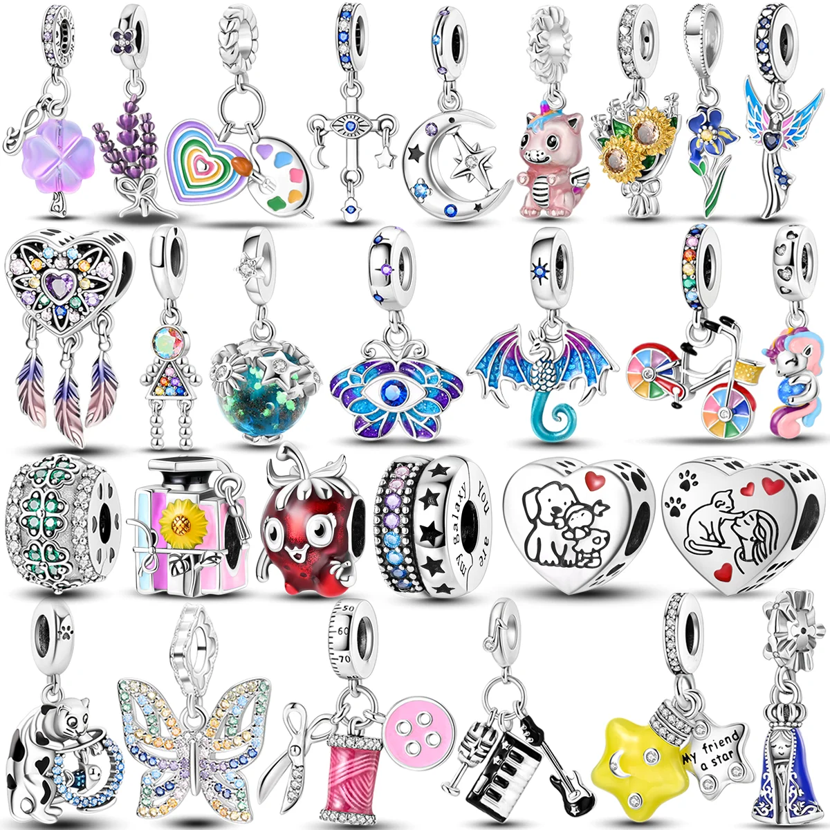 Dijes de circonio coloridos chapados en plata, cuentas de dragón y mariposa, pulsera colgante, collar, marcado de joyería DIY
