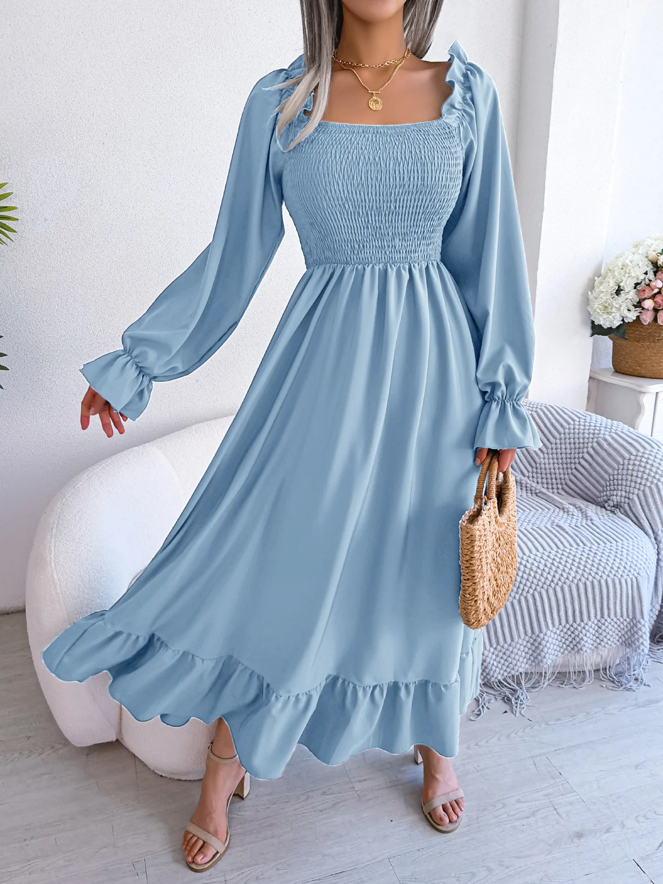 Solid Square Neck Smocked Flared Midi Formal Dress Long Sleeve