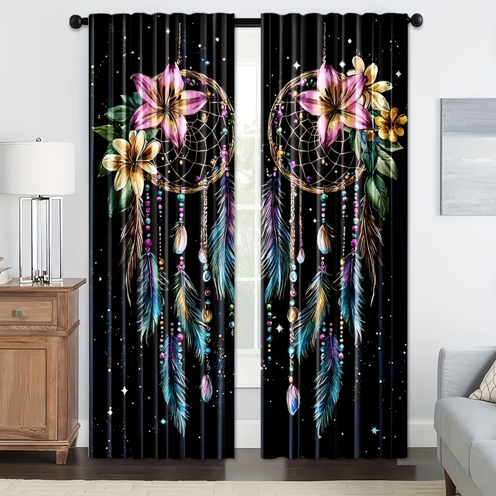 2PCS Digital Print Curtains, Starry Sky Dreamcatcher, Boho Mystic