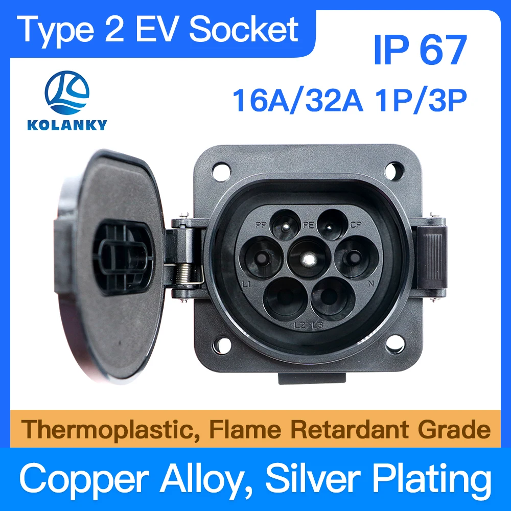 

32A 22KW Type 2 IEC-62169 Standard EU Car Socket With 1/3M Cable Charging For Eletric Vehicle Hybrid Cars