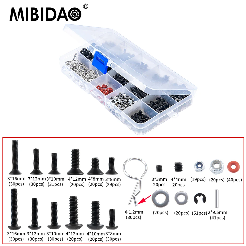 

Металлические винты MIBIDAO M3 M4, гайка, R-зажимы, булавка с контейнером для хранения для Axial SCX10 90046 TRX-4 1/10, обновленные детали для радиоуправляемой модели автомобиля