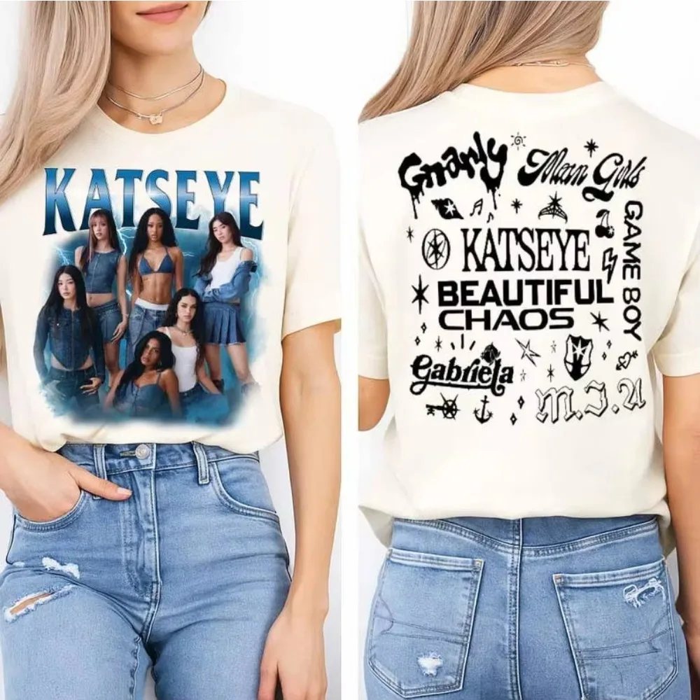 Sided Katseye The Beautiful Chaos Baumwoll-T-Shirt, Fan-Geschenk, bedrucktes T-Shirt für Damen, lässiger Street-Style – Detail 3